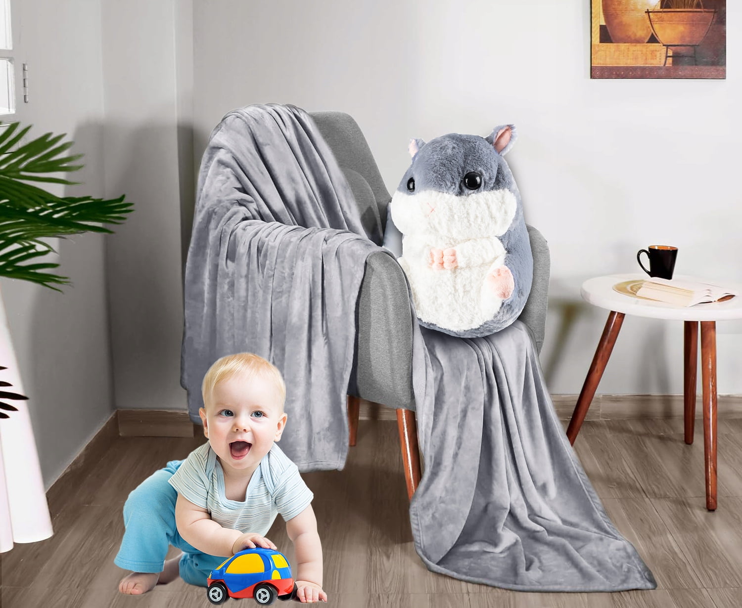 Set jucarie de plus hamster si paturica, Zola, umplutura hipoalergenica, material exterior moale, poliester, 50 x 28 / 160 x 110 cm, gri Set jucarie de plus hamster si paturica, Zola, umplutura hipoalergenica, material exterior moale, poliester, 50 x 28 / 160 x 110 cm, gri